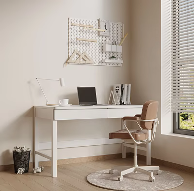 Minimalist Home Office Workspace With White Desk Laptop Desk Lamp Chair And Wall Mounted Shelves 3d model