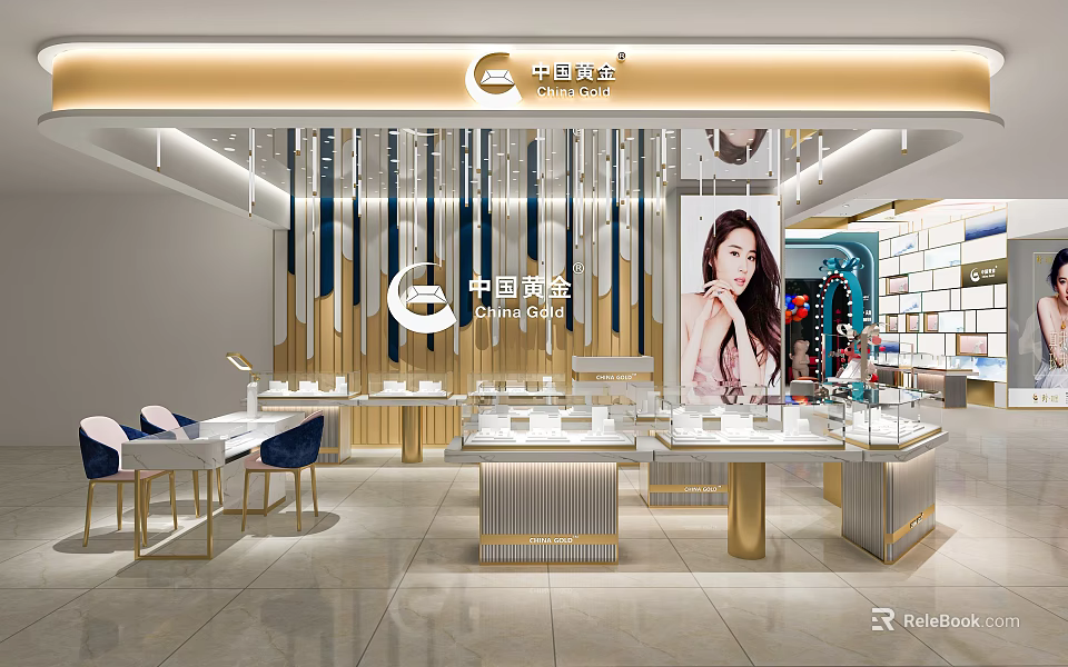 China Gold Jewelry Store Modern Interior With Glass Display Cases And Luxury Jewelry 3d model 