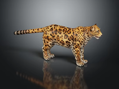 Realistic Spotted Leopard With Detailed Fur Standing On Shiny Black Surface And Reflection 3d model