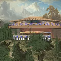 Modern Circular Cultural Center Building With Glass Facade And Mountain View in Natural Surroundings
