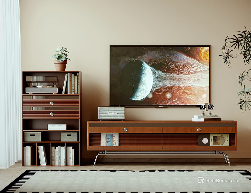 Wooden TV Stand With TV Showing Planetary Scene And Adjacent Bookcase With Books And Plants 3d model 