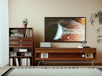 Wooden TV Stand With TV Showing Planetary Scene And Adjacent Bookcase With Books And Plants 3d model
