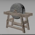 Traditional Stone Mill Placed on Handcrafted Rustic Wooden Stand with Vintage Design