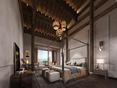Traditional Chinese Bedroom Interior With Wooden Ceiling Beams Chandeliers And Four Poster Bed 3d model