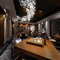 Traditional Chinese Teahouse Interior With Wooden Furniture Carved Ceiling And Elegant Lighting