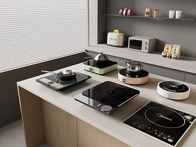 Modern Kitchen Countertop Featuring Multiple Cooking Stoves And Small Appliances On Shelves 3d model