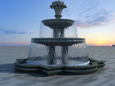 Three Tiered Stone Fountain Garden Ornament With Flowing Water In Sunset Plaza 3d model