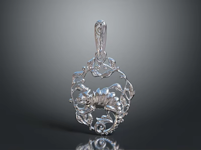 Ornate Silver Hardware Tools Pendant Featuring Intricate Leaf And Floral Patterns 3d model