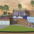 Modern Desert Library Building with Curved Architecture Trees Lawn Pathways Green Roof and Nature Integration