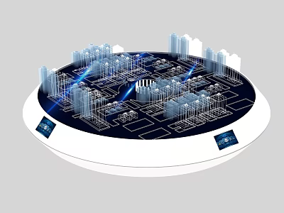 Commercial Equipment Circular Display Platform With City Building Models Blue Lighting And Signboards 3d model
