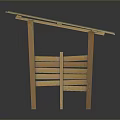 Outdoor Wooden Garden Structure With Sloped Green Roof And Support Frames