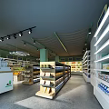 Spacious Supermarket Interior With Shelves Fresh Fruits Hanging Lights And Grocery Products