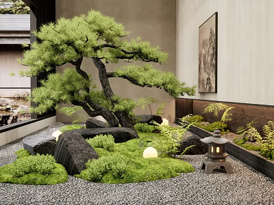 Japanese Style Indoor Landscape With Bonsai Moss Stones And Lantern 3d model