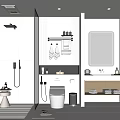 Modern Bathroom Interior With Shower Toilet Vanity Mirror And Storage Shelves