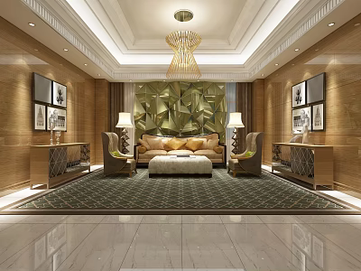 Elegant Modern Living Room Interior With Chandelier Sofa Decorative Wall And Wooden Furniture 3d model