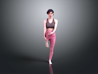 Woman Stretching Leg in Gray Tank Top and Pink Leggings Against Gray Background 3d model