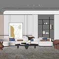 Modern Living Room Featuring Beige Sofa Coffee Table Decorative Wall Art And Rug Shelving Unit