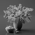 Fresh White Tulips in White Vase With Green Foliage and Bowl of Cherries