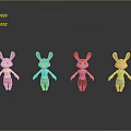 Four Colorful Cartoon Rabbit Figures In Different Outfits Standing With Reflections On Black Background