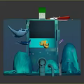 Underwater Scene Structure With Green Roof House Red Boat Manta Rays Purple Fish And Rocks