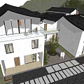 Modern Two Story Detached Villa With White Exterior Unique Roof Design Balcony And Front Greenery