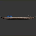 Traditional Wooden Water Transport Boat with Blue Cushions and Yellow Decorations