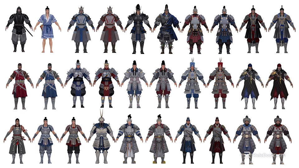Game and Movie Characters Featuring Diverse Armor and Warrior Costume Designs 3d model 