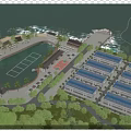 Aerial View of Industrial Factory Buildings Near Waterfront With Greenery Roads and Parking Lots