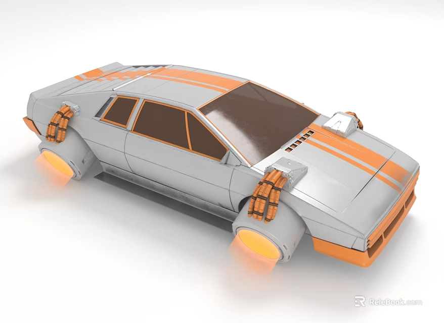 Futuristic Silver And Orange Concept Car With Glowing Thrusters And Orange Stripes 3d model 