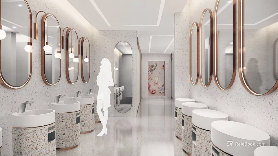 Elegant Modern Public Restroom Corridor With Round Mirrors Stone Sinks And Lighting 3d model 