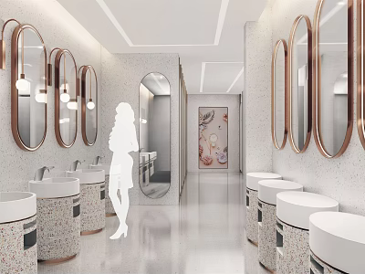 Elegant Modern Public Restroom Corridor With Round Mirrors Stone Sinks And Lighting 3d model