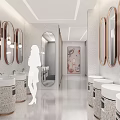 Elegant Modern Public Restroom Corridor With Round Mirrors Stone Sinks And Lighting