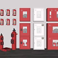 Various Fire Safety Equipment Display Featuring Red Extinguishers And Gray Cabinets 3d model