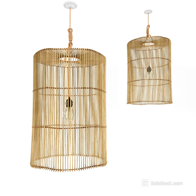 Pair of Natural Bamboo Woven Chandeliers Cylindrical Design for Home Interior Decor 3d model 