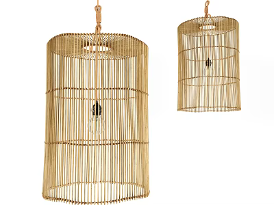 Pair of Natural Bamboo Woven Chandeliers Cylindrical Design for Home Interior Decor 3d model