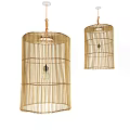Pair of Natural Bamboo Woven Chandeliers Cylindrical Design for Home Interior Decor
