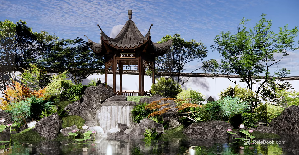 Traditional Chinese Garden Pavilion Featuring Rockery Waterfall Pond and Lush Greenery by White Wall 3d model 