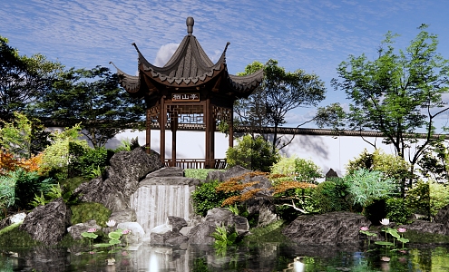 Chinese-style pavilion Jianfa demonstration area landscape garden hexagon pavilion rockery waterscape rockery stone falling waterscape 3d model