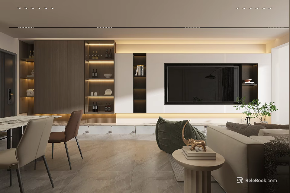 Modern Living Dining Room Interior With Sofa Dining Table TV Wall And Lighting Design 3d model