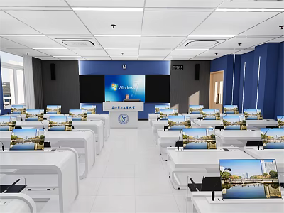 Modern School Classroom With White Desks Laptops Smart Board And Blue Walls 3d model