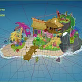 Cartoon Island Scene With Thatched Hut Palm Trees Wooden Bridge Rocks And Sea Water