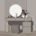 Elegant Modern Dressing Table With Round Mirror Gray Stool Gold Accents And Decorative Items 3d model