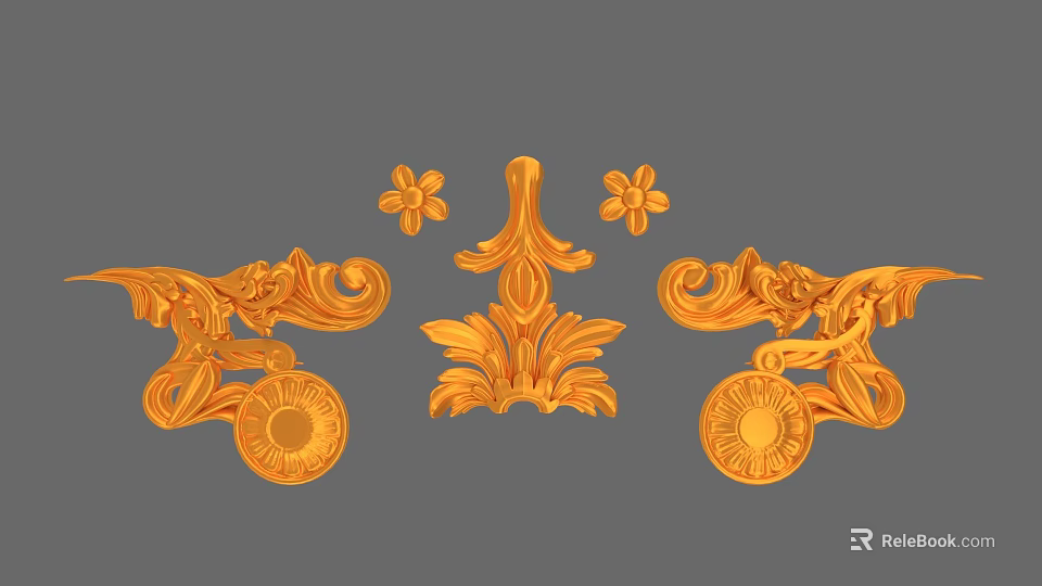 Golden Decorative Sculptural Carvings With Floral Scroll And Classical Design Elements 3d model 