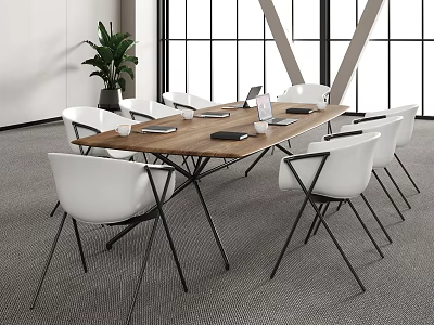 Wooden Conference Table With White Chairs Black Legs Near Large Windows And Green Plant 3d model