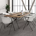 Wooden Conference Table With White Chairs Black Legs Near Large Windows And Green Plant