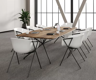 Wooden Conference Table With White Chairs Black Legs Near Large Windows And Green Plant 3d model