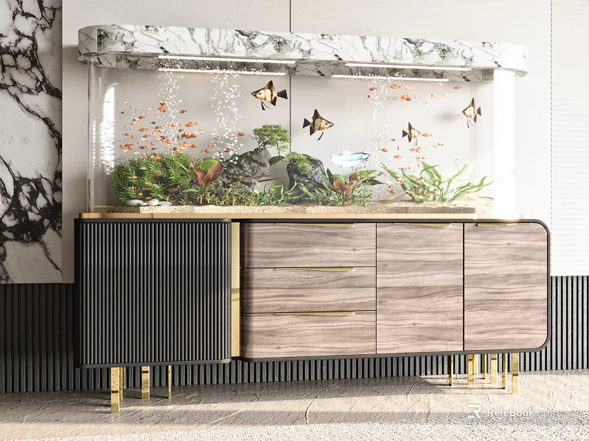 Luxury Aquarium With Plants Rockery Fish And Cabinet 3d model 