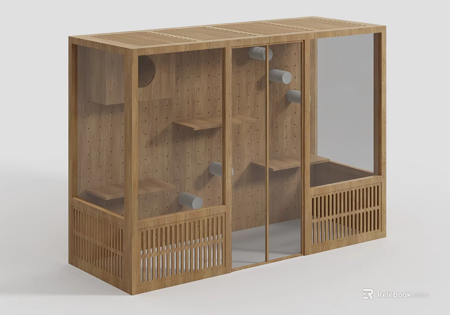 Modern Wooden Cabinet With Glass Doors Perforated Panels Gray Accessories And Shelves 3d model 