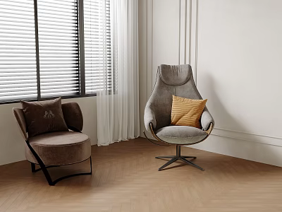 Elegant Gray Egg Accent Chair With Yellow Cushion Near Window White Curtains And Wooden Floor 3d model