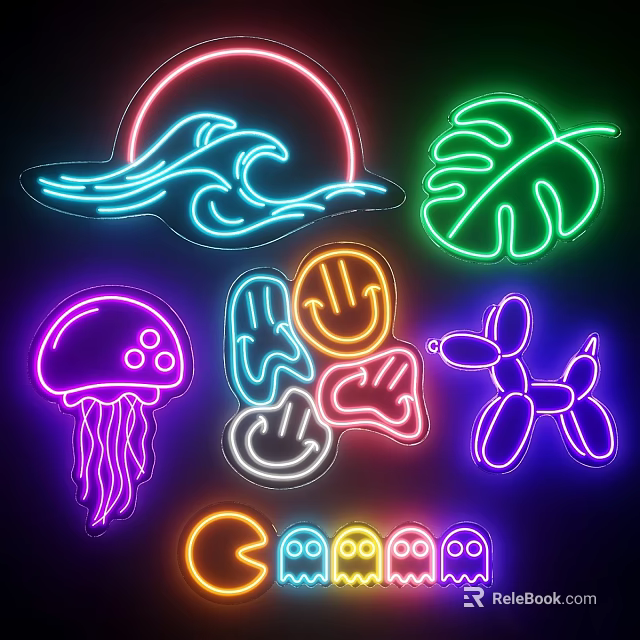 Neon Light Box Decorative Elements with Wave Leaf and Animal Shapes 3d model
